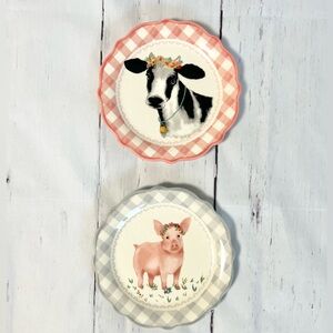 Pioneer Woman Gray and Pink Gingham Pig and Cow Ceramic Dessert Plates